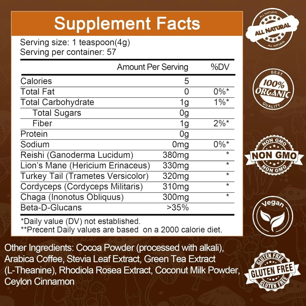 Coffee Powder, Mushroom Powder Blend with Lions Mane - Mushroom Supplement for Immune Support - 16 oz