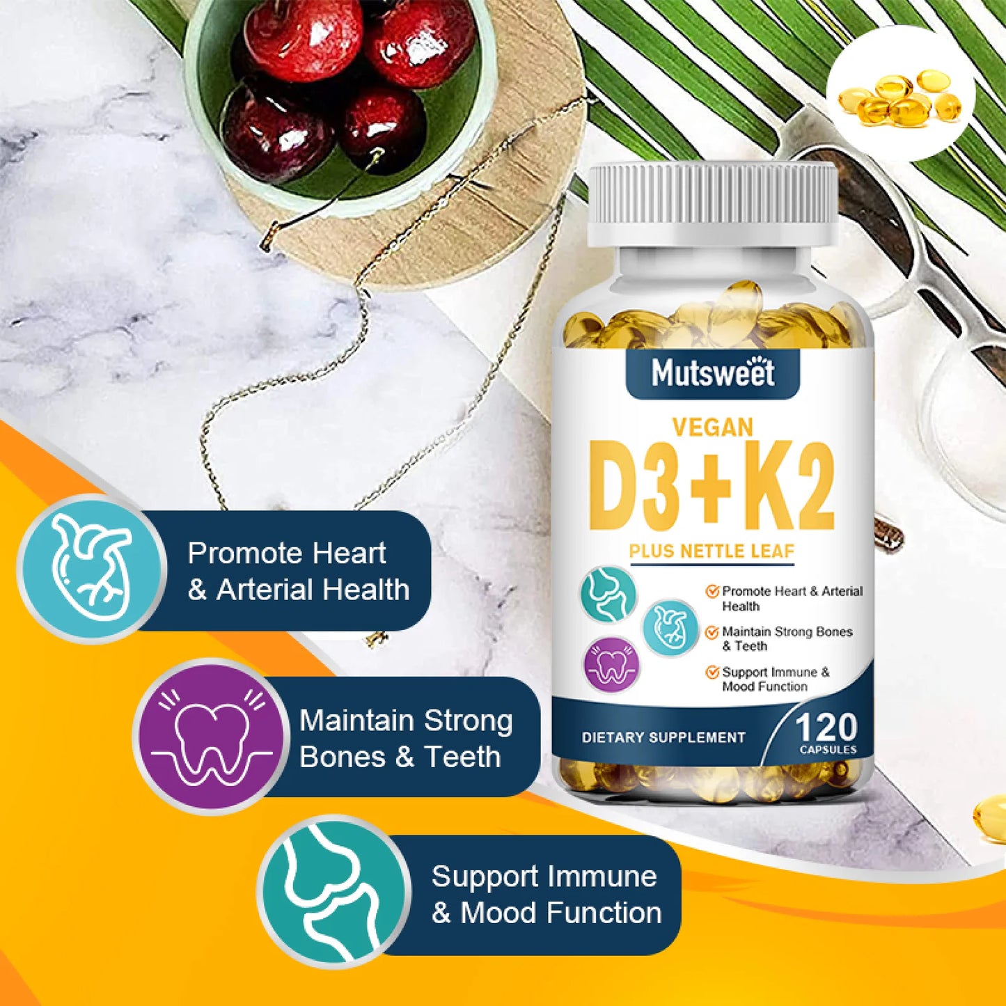 Mutsweet Vegan Vitamin D3 + K2 MK7 Supplement, 5000 IU, 120 Count