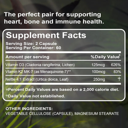 Vitamin D3 K2 | Vitamin K2 MK7 + Vegan D3 5000iu | Supports Immune System, Heart，Bones | 120Capsules