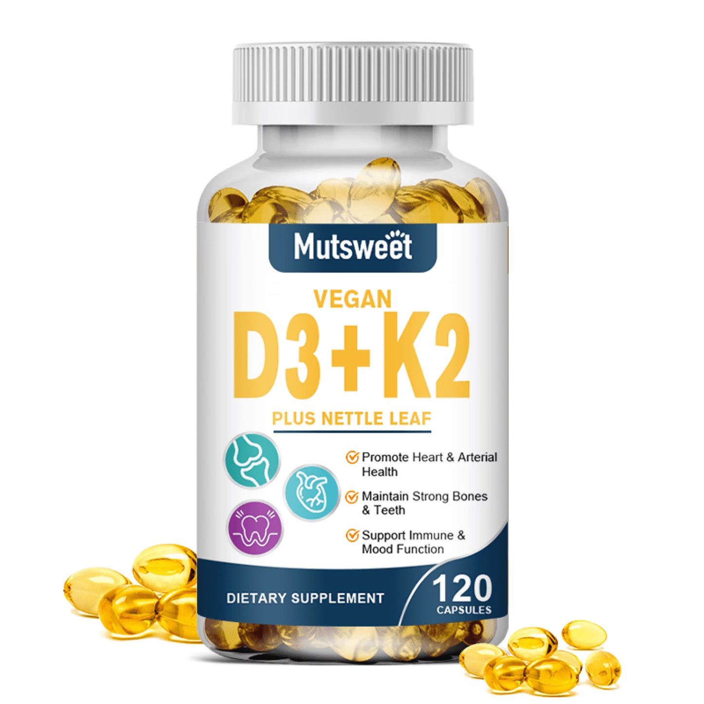 Mutsweet Vegan Vitamin D3 + K2 MK7 Supplement, 5000 IU, 120 Count